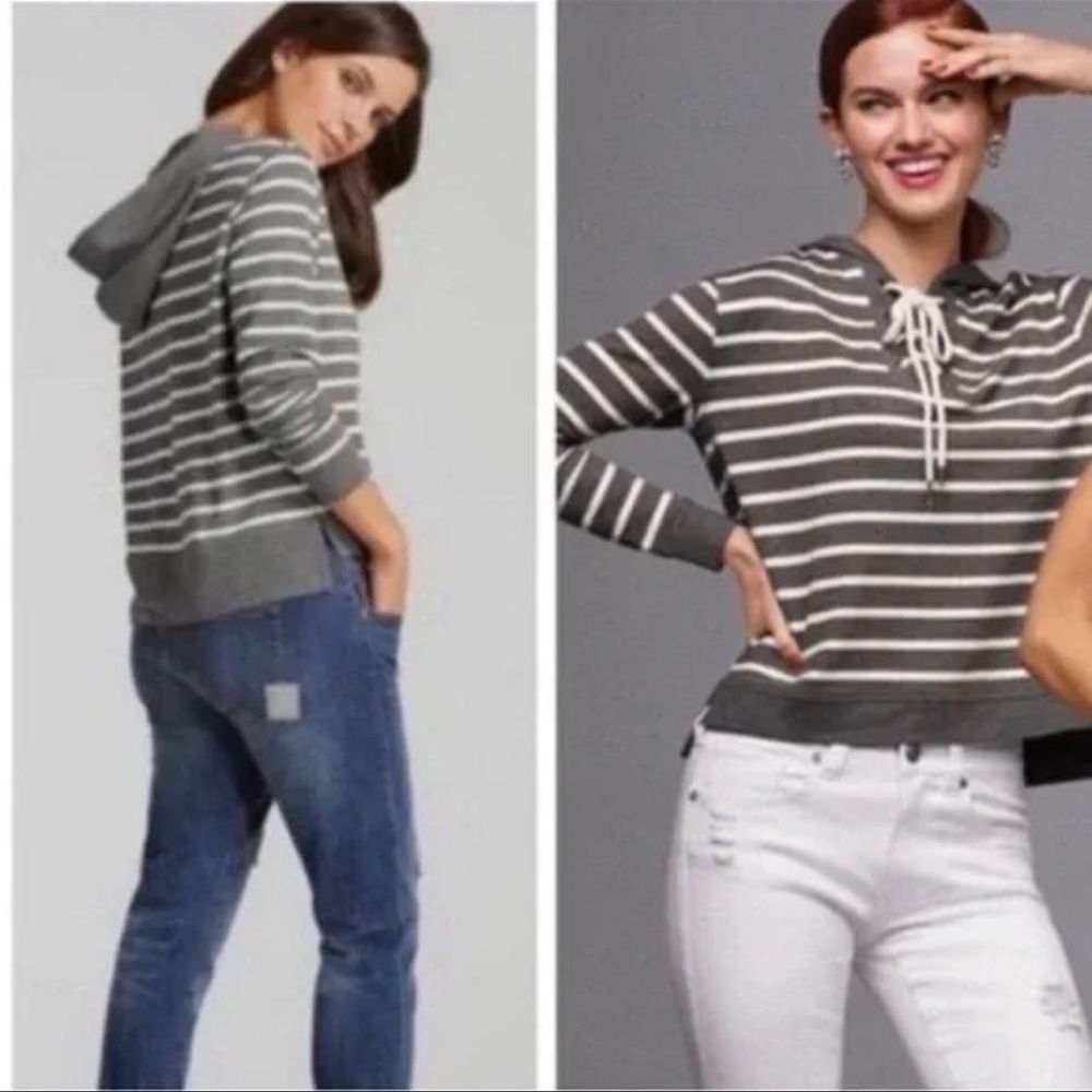 CABI Windward Hoodie Grey/White Stripe Lace Up Nautical Theme Sz M #5324 EUC